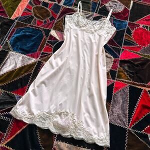 Vintage Blush Pink + Ecru Lace Embroidered Coquette Boudoir Chemise Slip